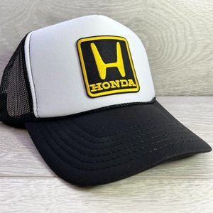 NEW VINTAGE STYLE HONDA MOTORS BLACK WHITE TRUCKER HAT CAP ADULT SIZ…